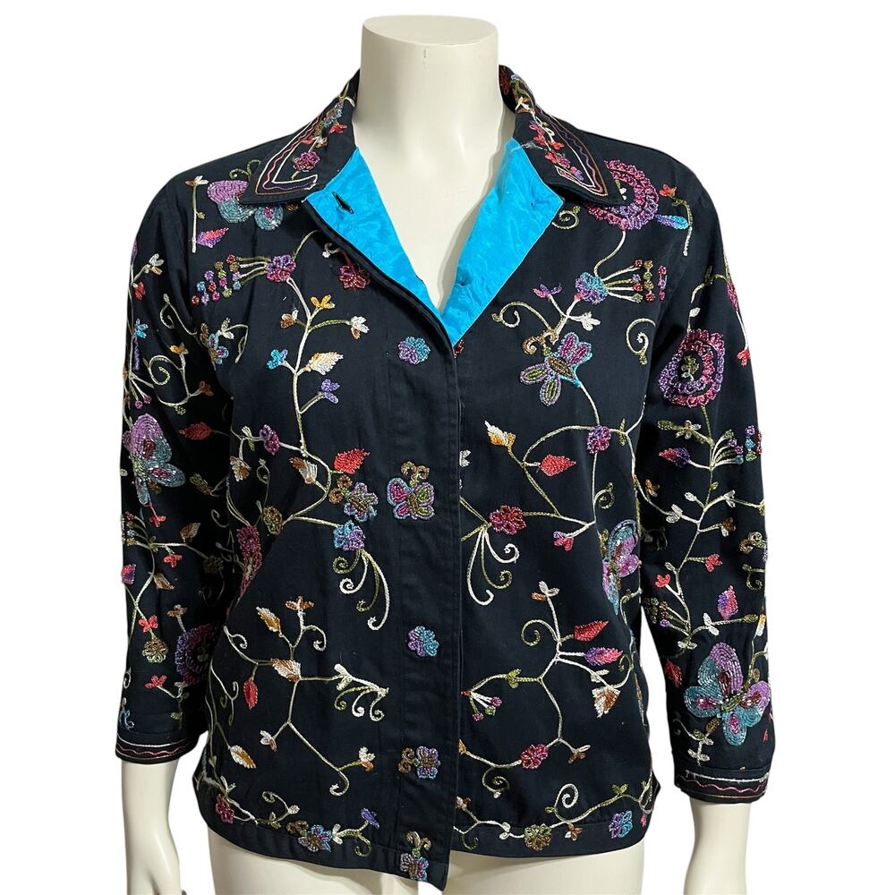 🌟The Quacker Factory Beaded Embroidered Cotton Jacket Butterfly Floral Sz-Small